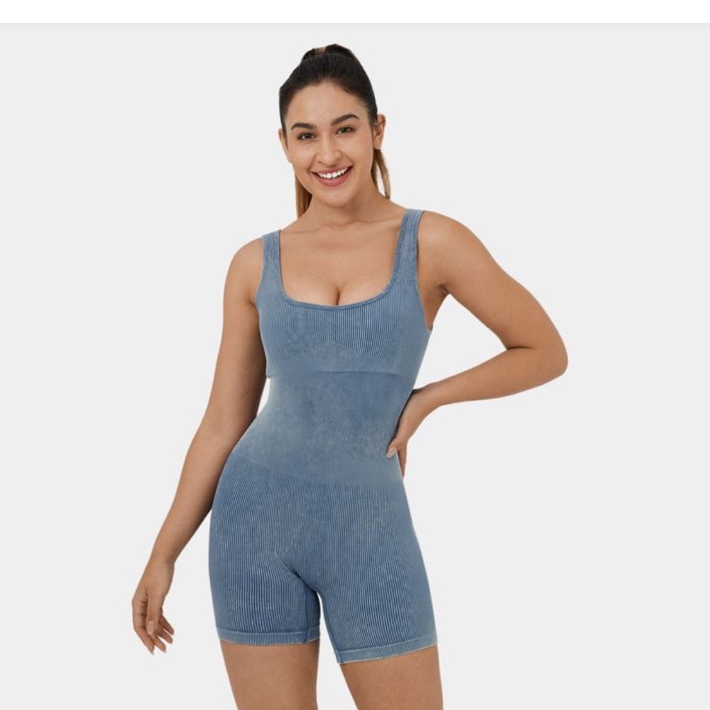 HALARA Blue Ribbed Sleeveless Jumpsuit Romper